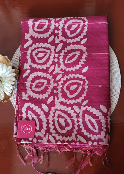 Wine Colour Jute Cotton Saree In Batik Print- Bengal