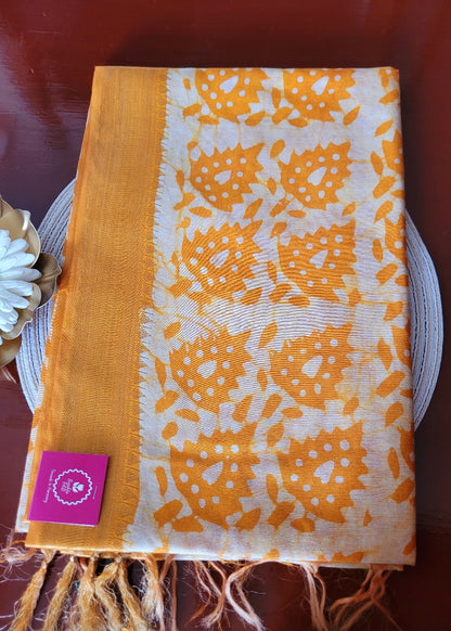 Yellow Jute cotton Saree In Batik Prints-Bengal