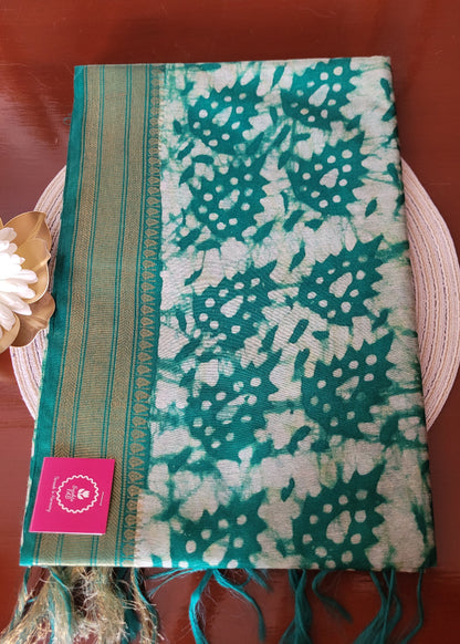 Rama green Jute cotton Saree In Batik Prints- Bengal