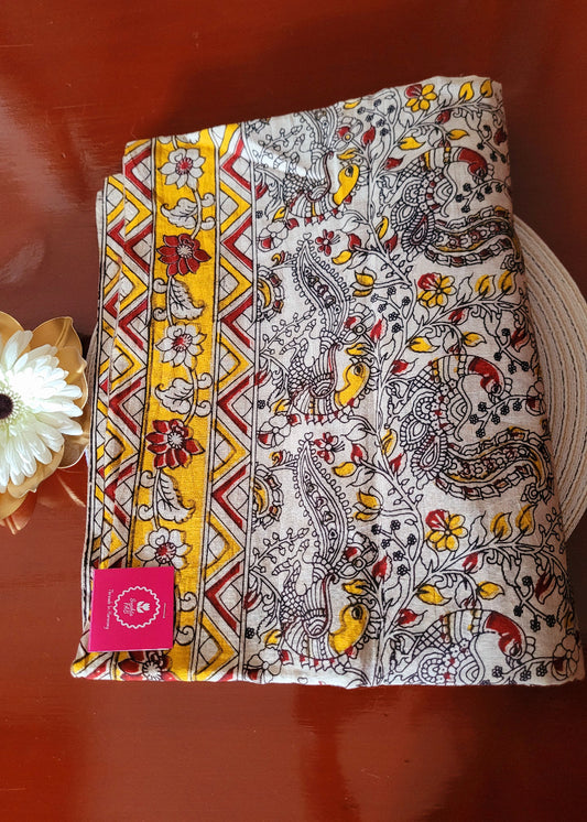 Kalamkari Cotton Saree In White And Yellow- Andhra