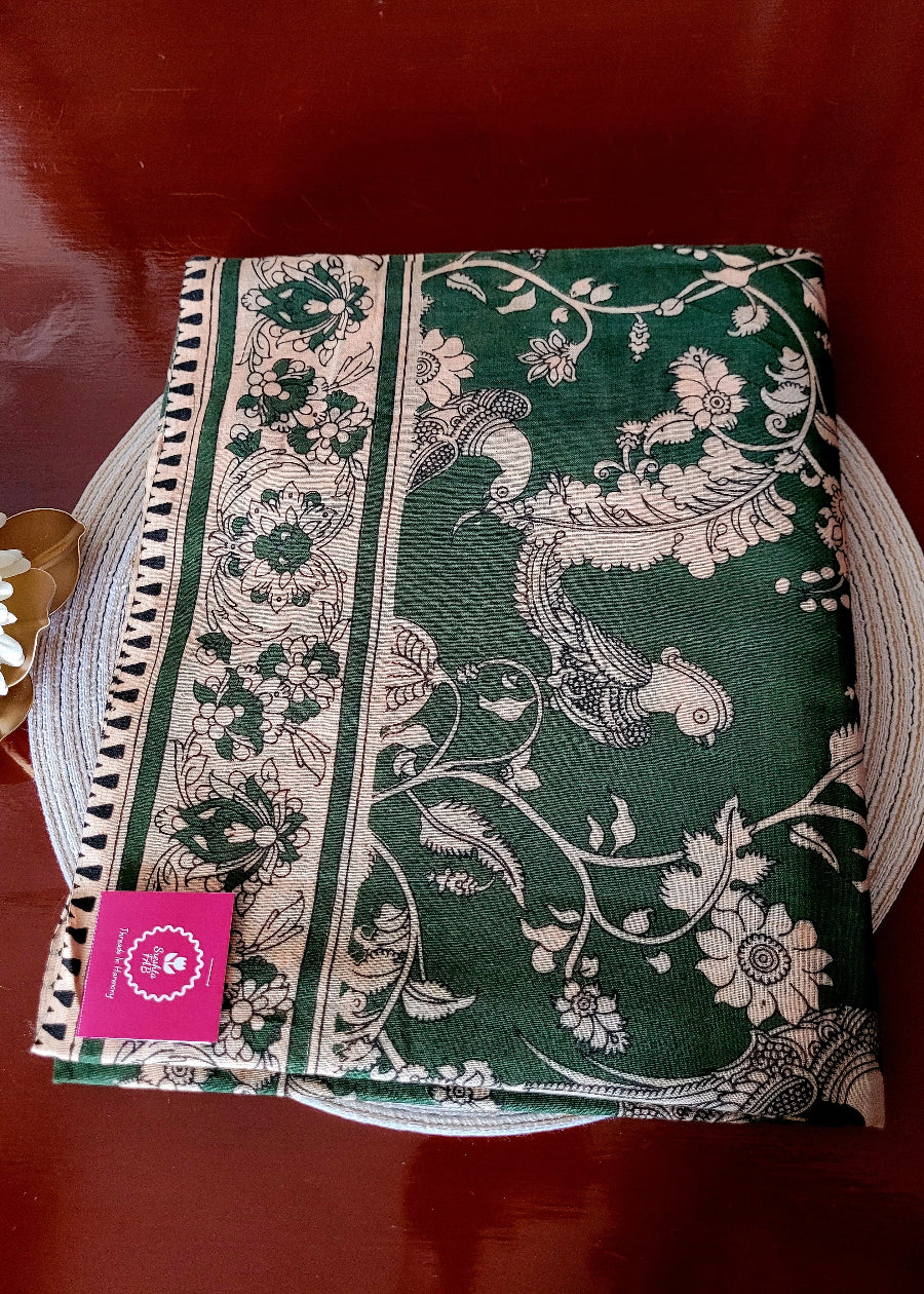 Dark Green Kalamkari Cotton Saree- Andhra