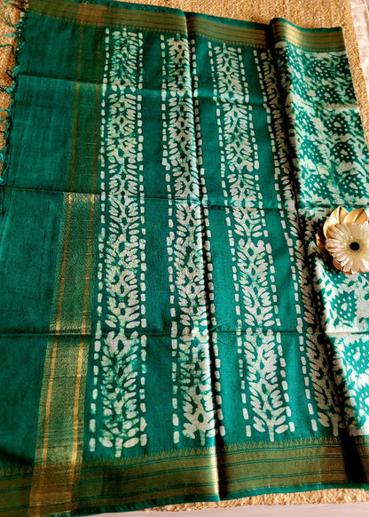 Rama green Jute cotton Saree In Batik Prints- Bengal