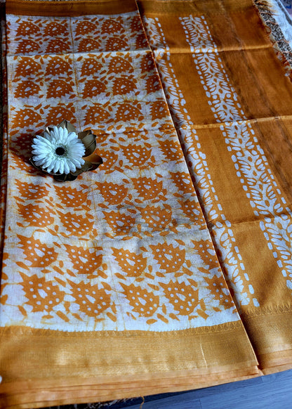 Yellow Jute cotton Saree In Batik Prints-Bengal