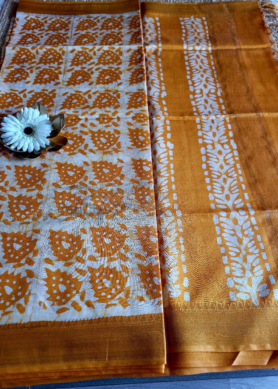 Yellow Jute cotton Saree In Batik Prints-Bengal