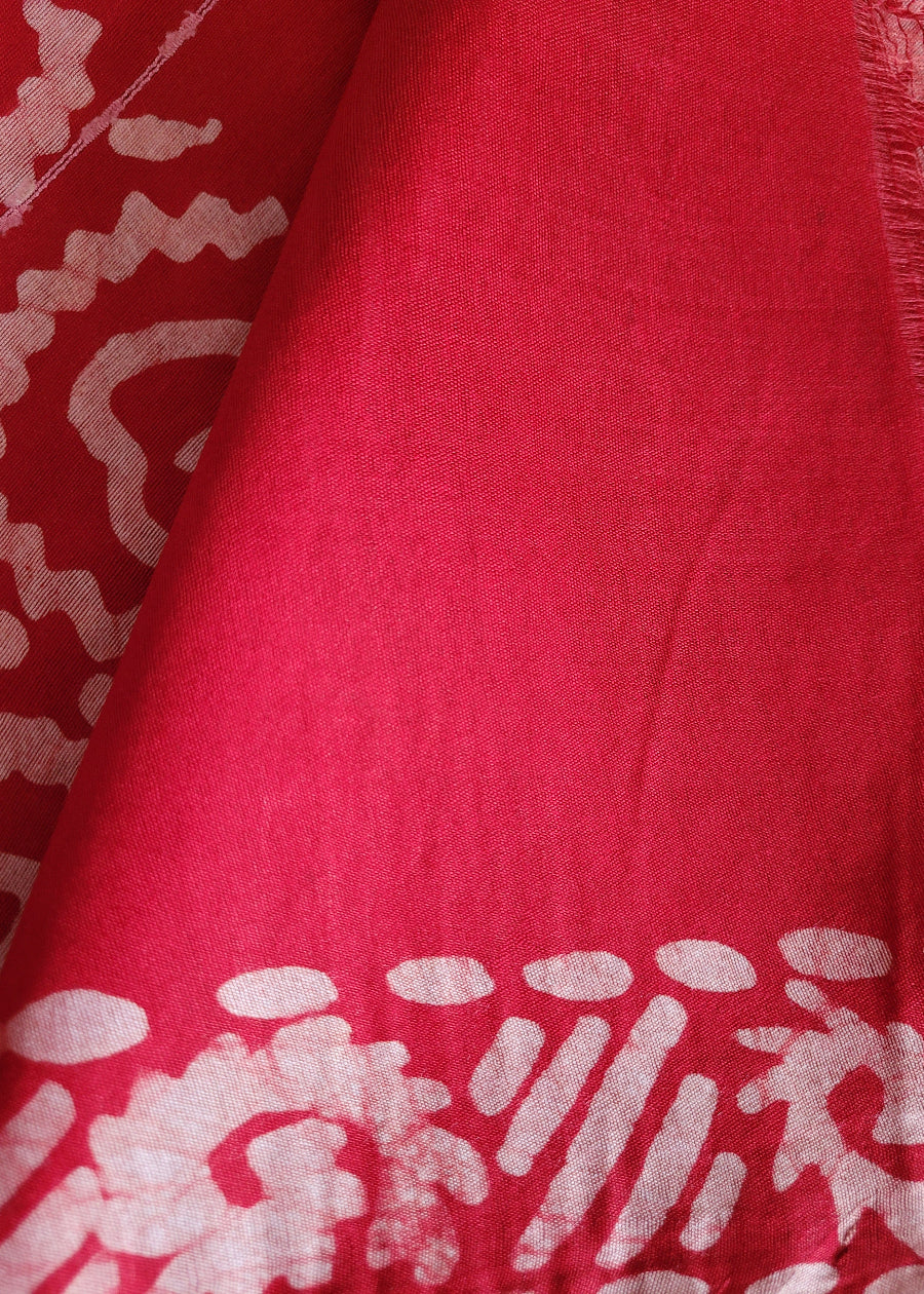 Chilli Red Jute Cotton Saree In Batik Print -Bengal