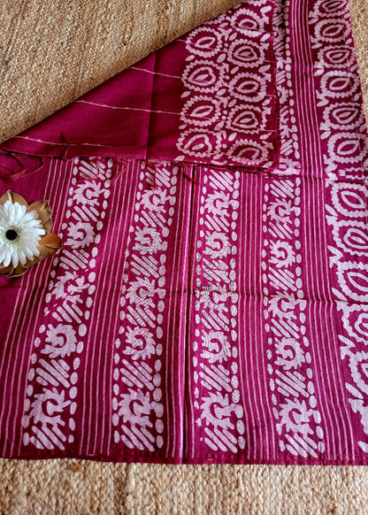 Wine Colour Jute Cotton Saree In Batik Print- Bengal