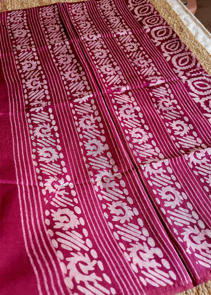 Wine Colour Jute Cotton Saree In Batik Print- Bengal