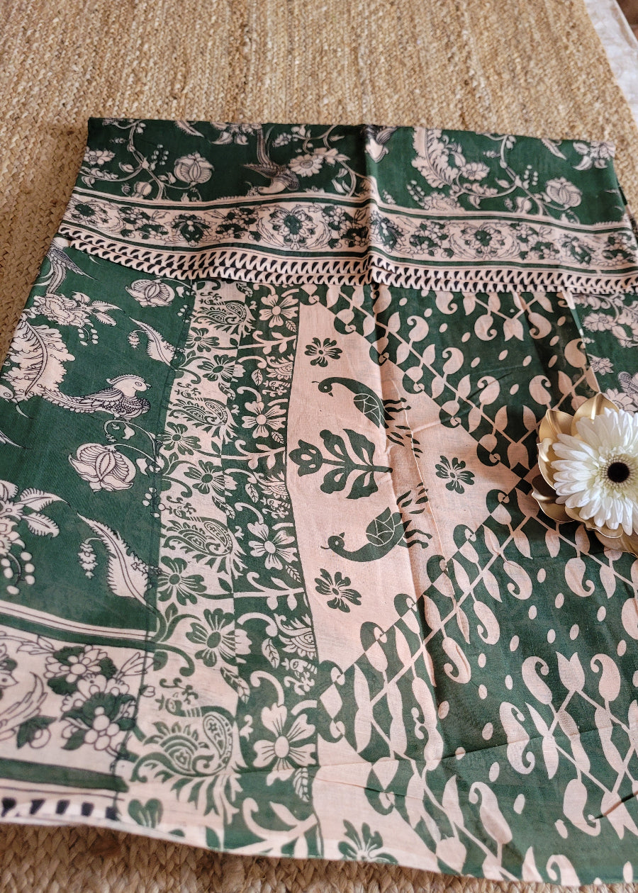 Dark Green Kalamkari Cotton Saree- Andhra