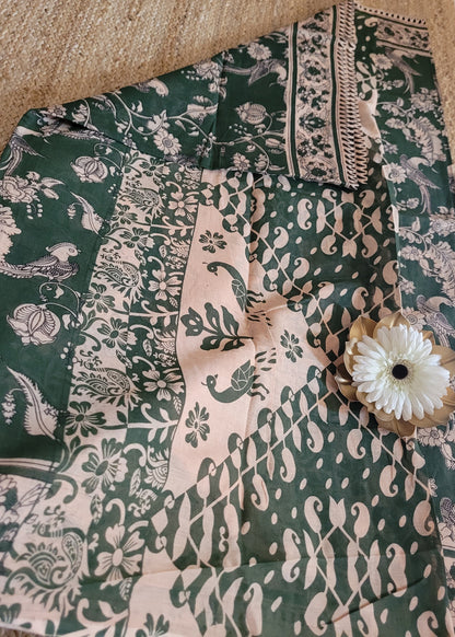 Dark Green Kalamkari Cotton Saree- Andhra