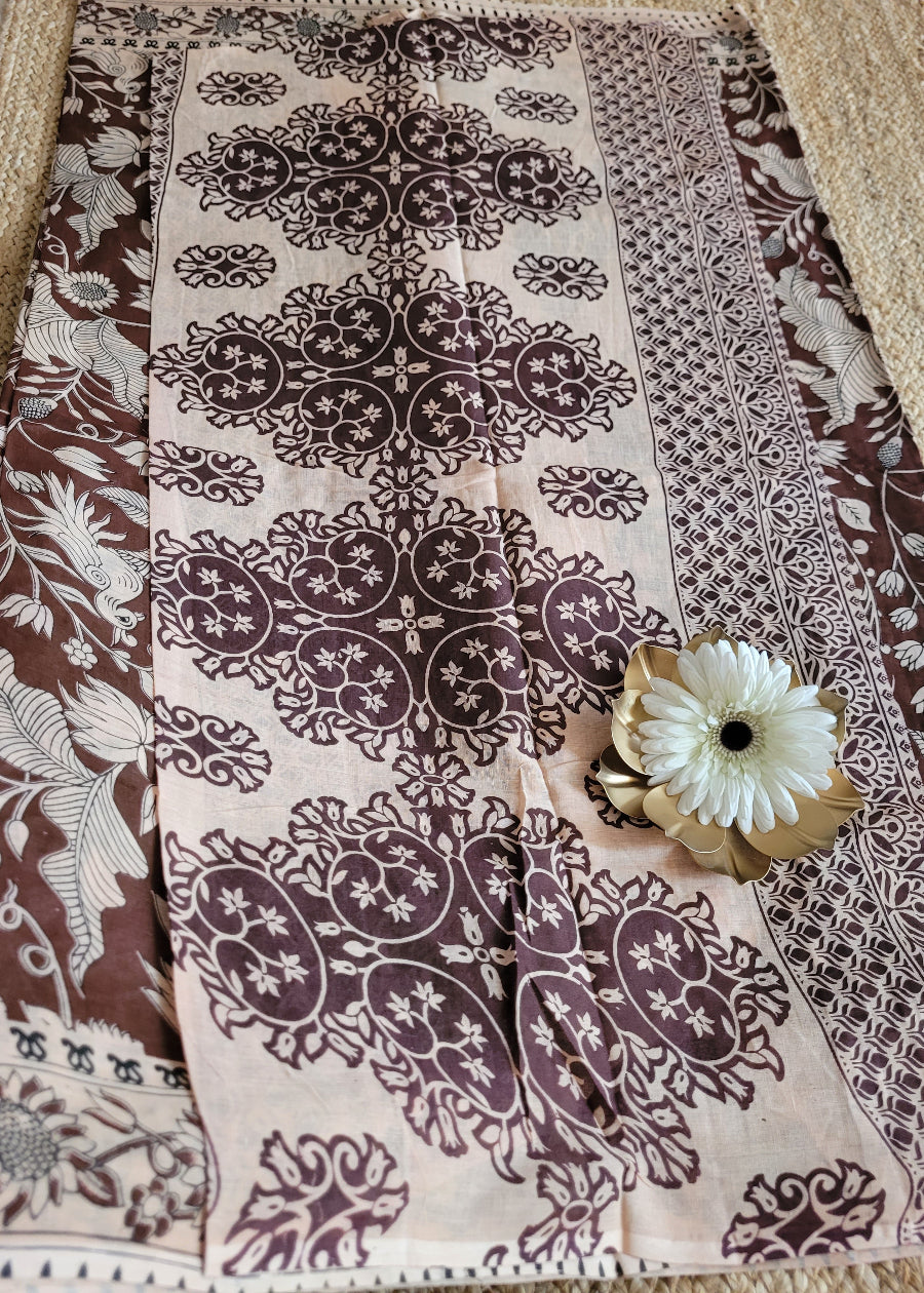 Coffe Brown Kalamkari Cotton Saree- Andhra