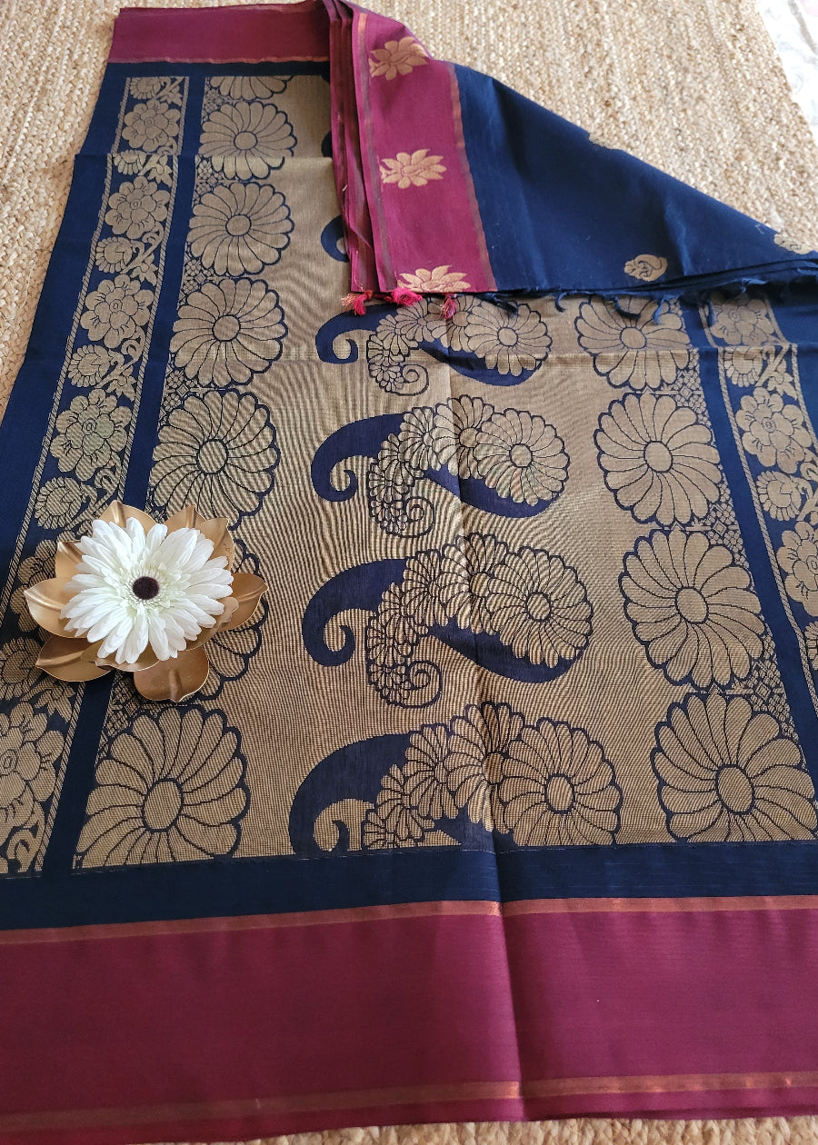 Negamam Cotton Saree In Blue And Majenta- TN