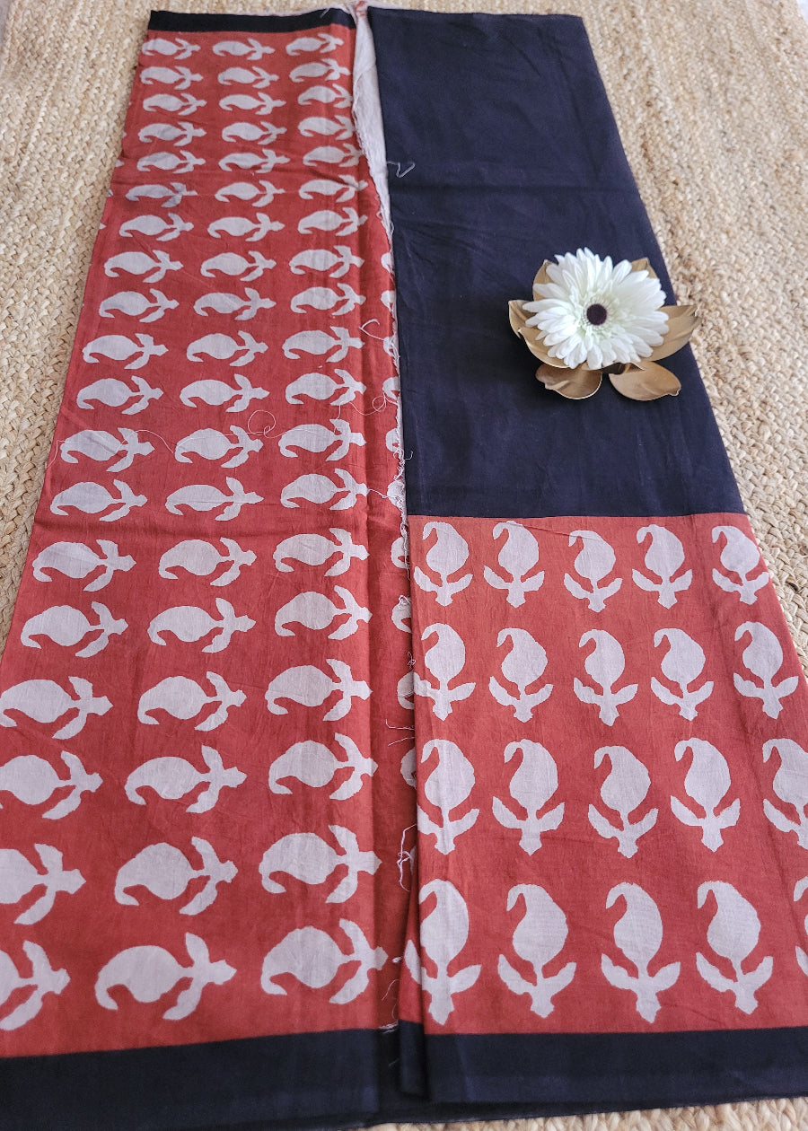 Black And Red Pure Cotton Saree- Jaipur