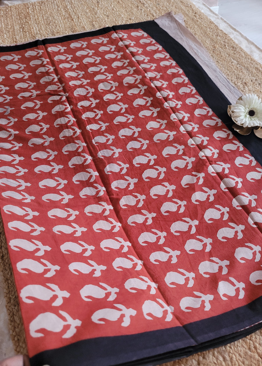 Black And Red Pure Cotton Saree- Jaipur