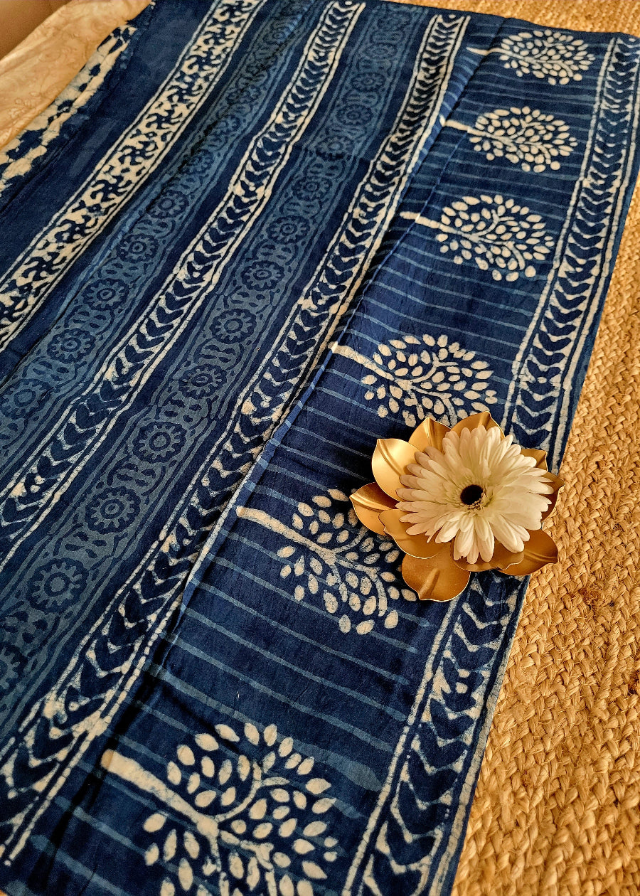 Offwhite And Indigo Blue Pure Cotton Saree- Jaipur