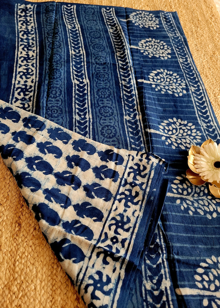 Offwhite And Indigo Blue Pure Cotton Saree- Jaipur