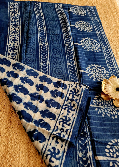 Offwhite And Indigo Blue Pure Cotton Saree- Jaipur