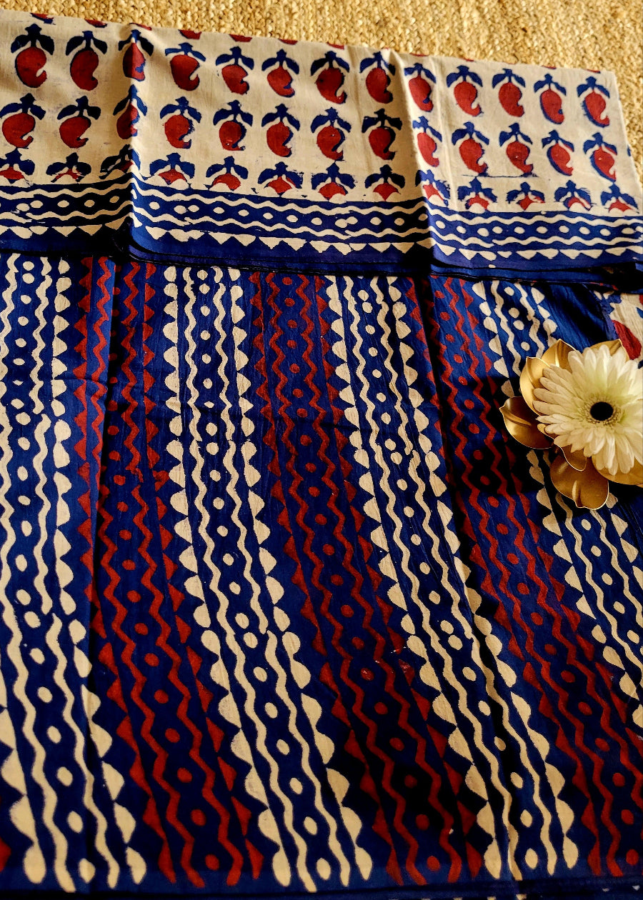 Beige And Maroon Pure Cotton Saree- Jaipur