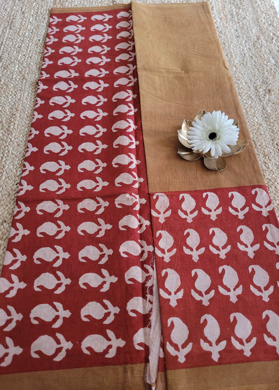 Brown And Maroon Pure Cotton Saree- Jaipur