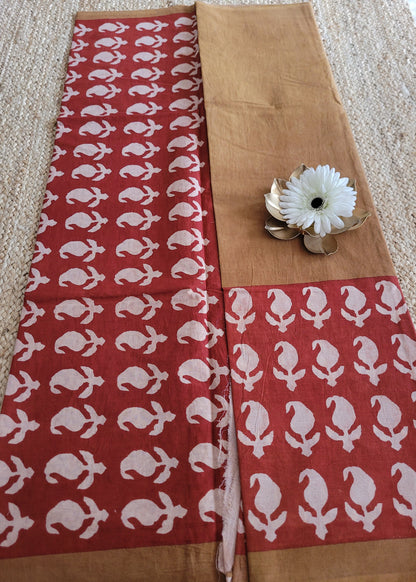 Brown And Maroon Pure Cotton Saree- Jaipur