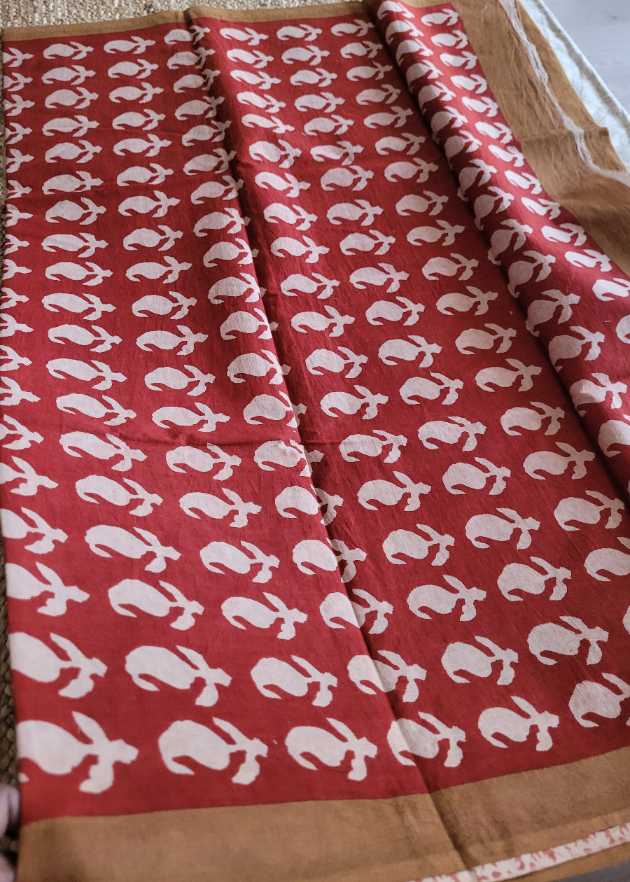 Brown And Maroon Pure Cotton Saree- Jaipur