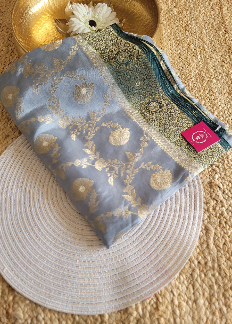 Silvery Grey And Bottle Green Mushru Silk Saree- Banaras