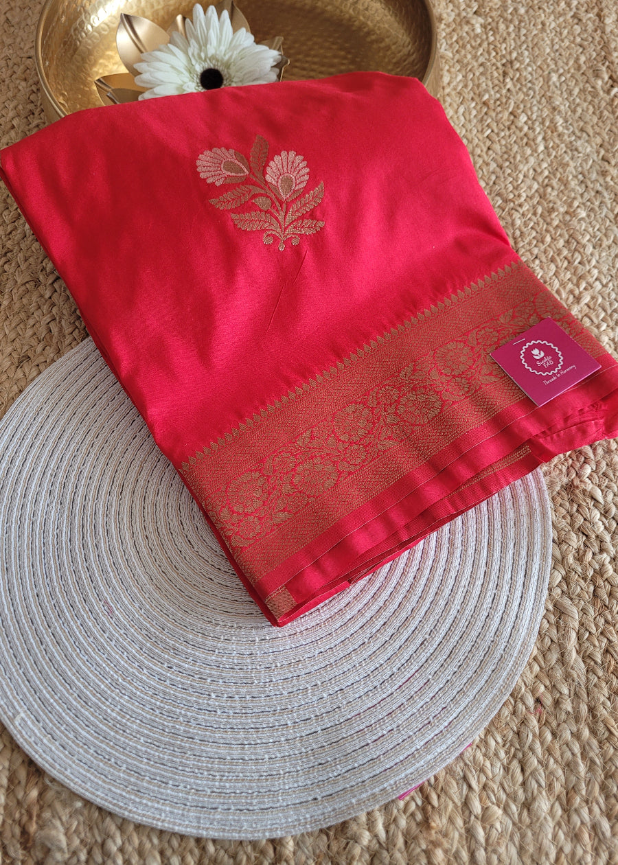 Bright Red Raw Mango Silk Saree- Banaras