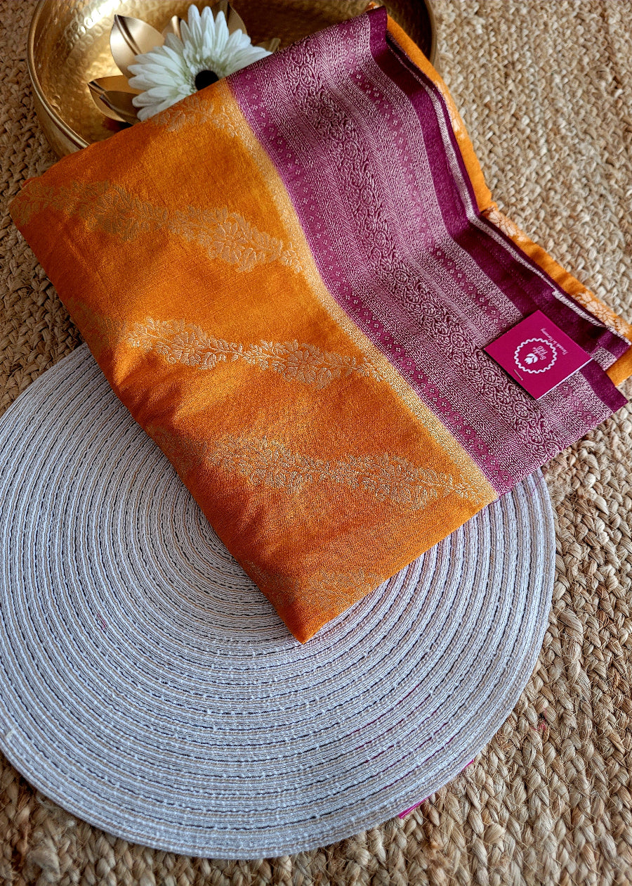Mustard Yellow And Maroon Tussar Silk Saree- Banaras