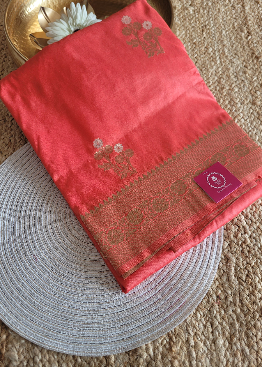 Dark Peach Colour Raw Mango Silk Saree- Banaras