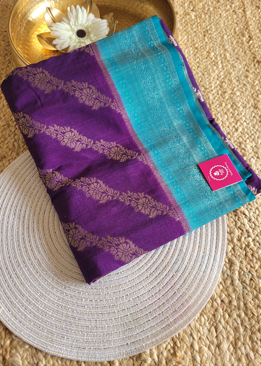Dark Violet And Coppersulphate Blue Tussar Silk- Banaras