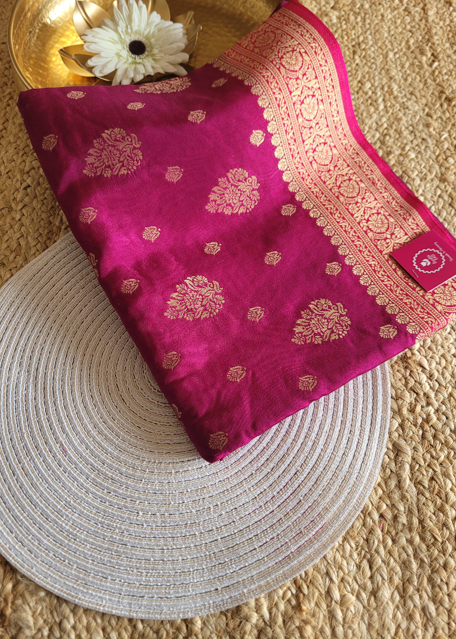 Wine And Fuchsia Pink Colour Tussar Saree- Banaras