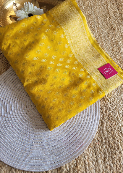 Bright Yellow Semi Georgette Saree-Banaras