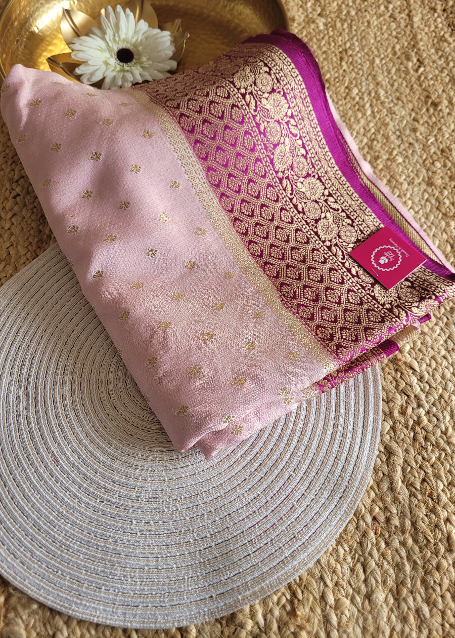 Baby Pink And Majenta Mushru Silk Saree- Banaras