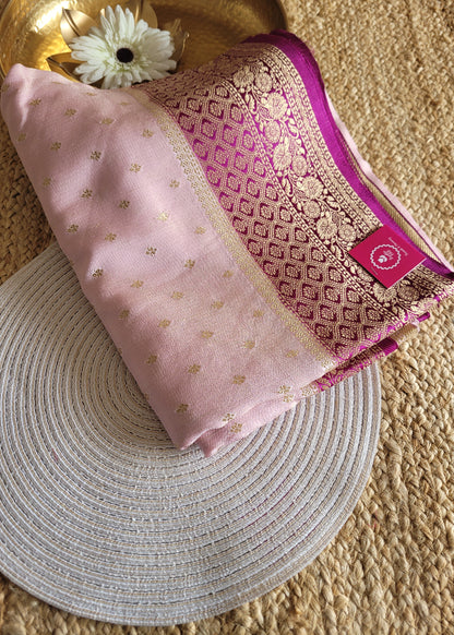 Baby Pink And Majenta Mushru Silk Saree- Banaras