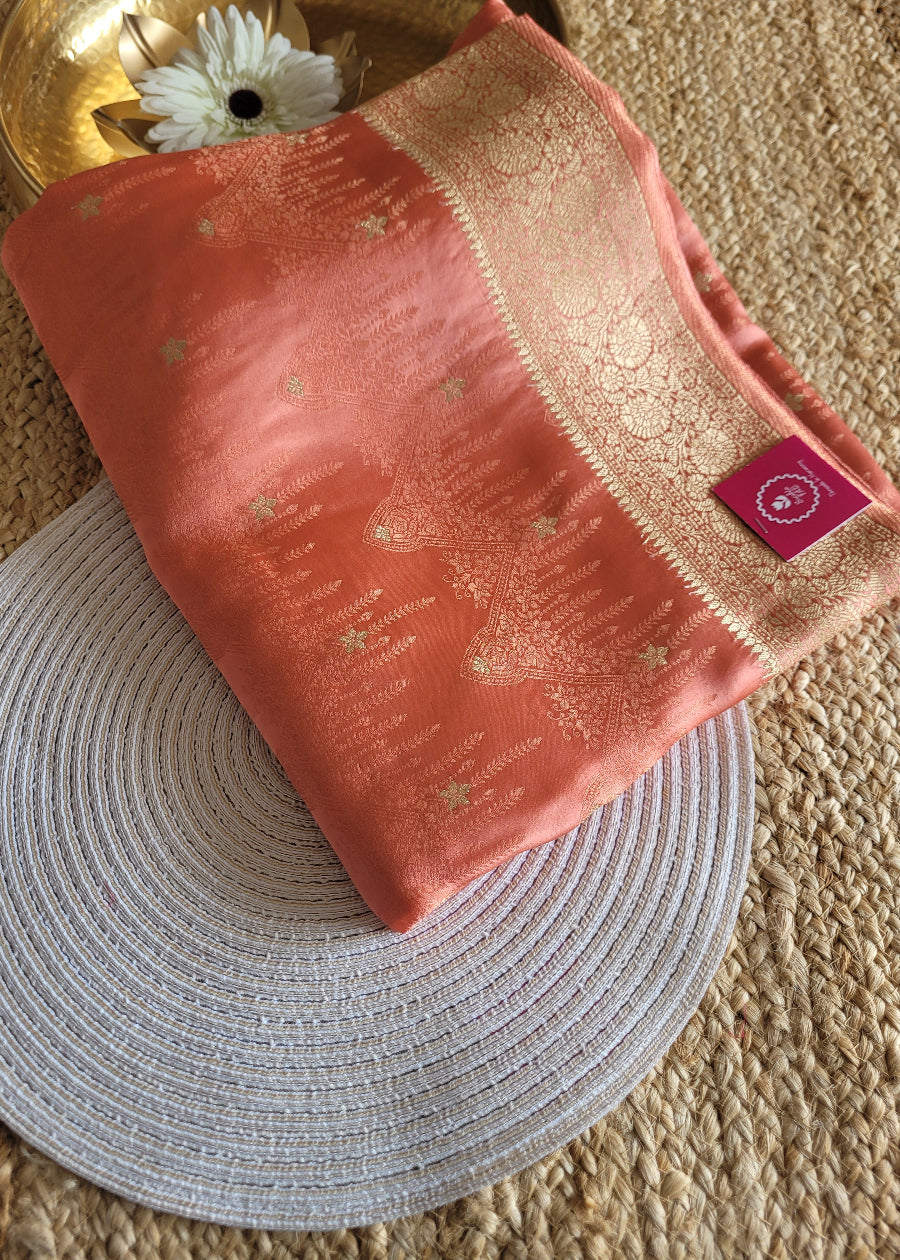 Peach Colour Mushru Silk Saree- Banaras