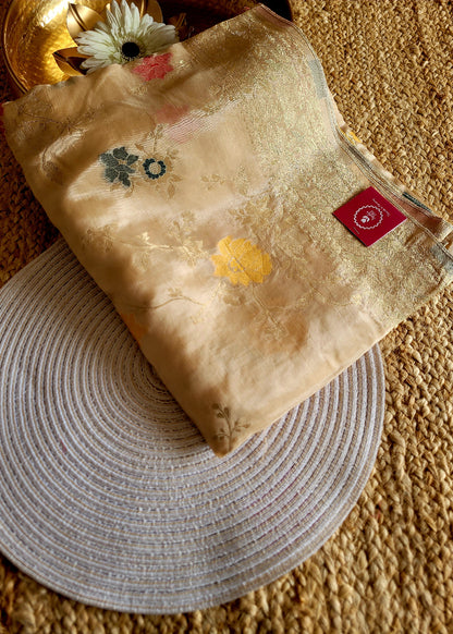 Ivory Colour Mushru Silk Saree- Banaras