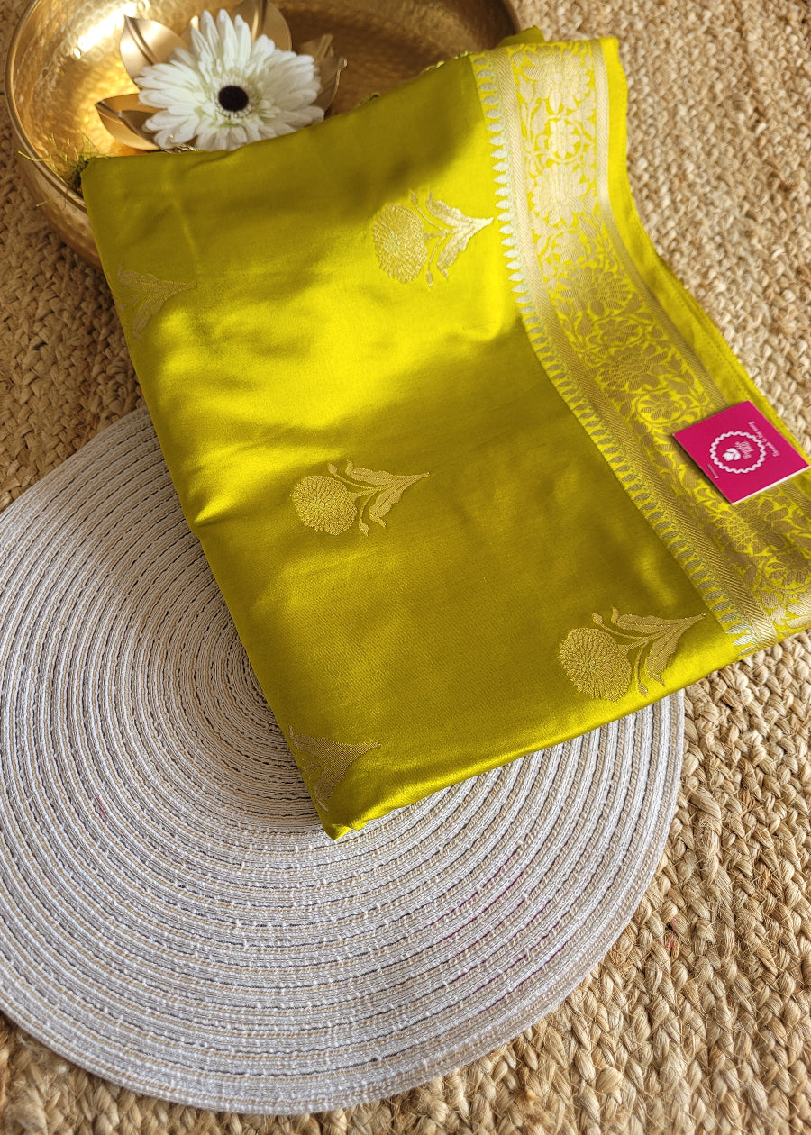 Greenish Yellow Mushru Silk Saree- Banaras