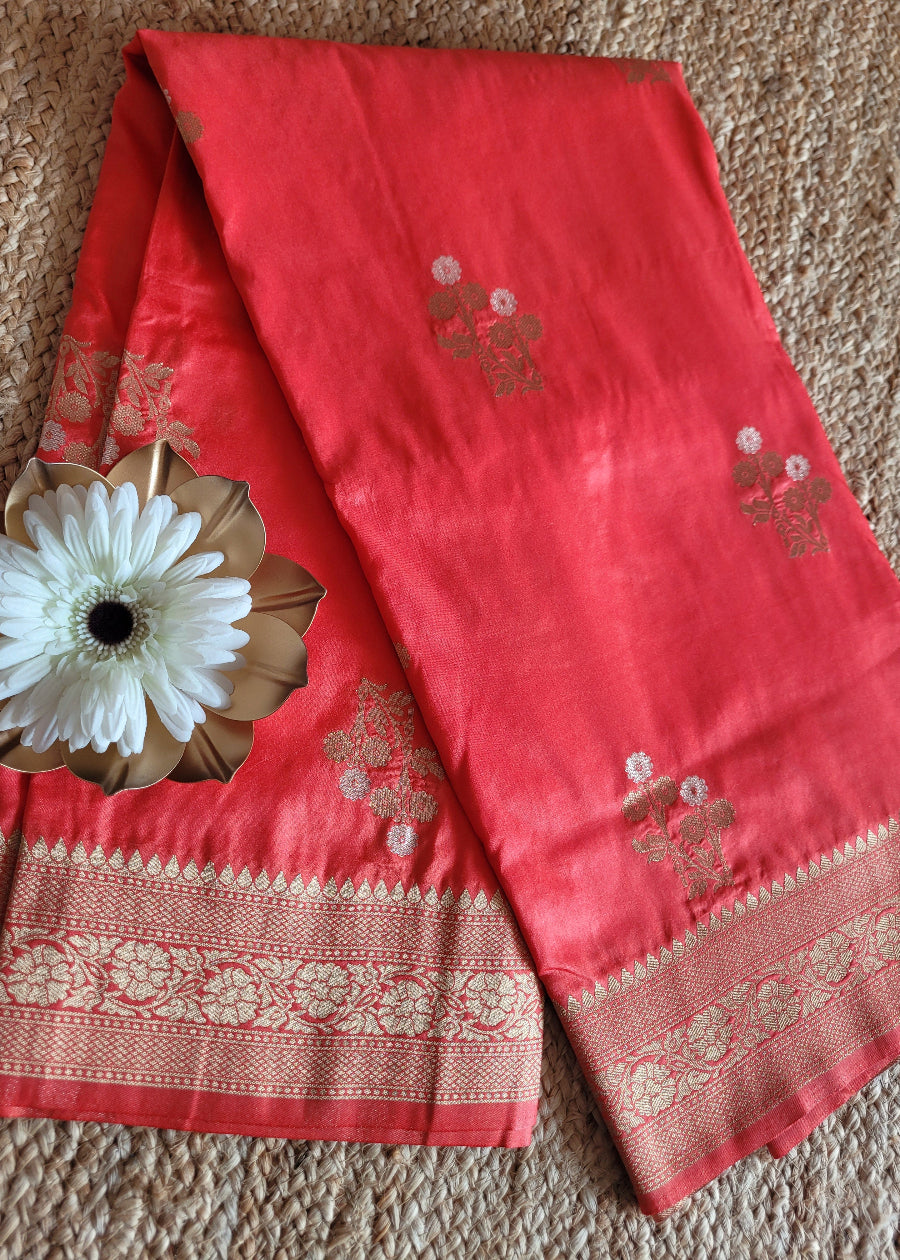 Dark Peach Colour Raw Mango Silk Saree- Banaras