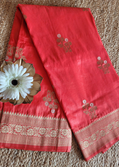 Dark Peach Colour Raw Mango Silk Saree- Banaras