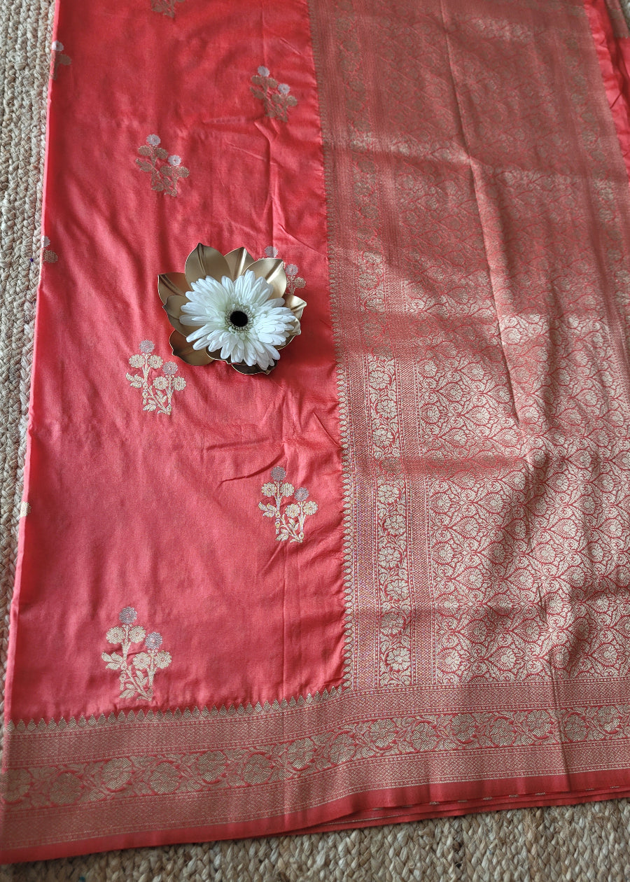 Dark Peach Colour Raw Mango Silk Saree- Banaras