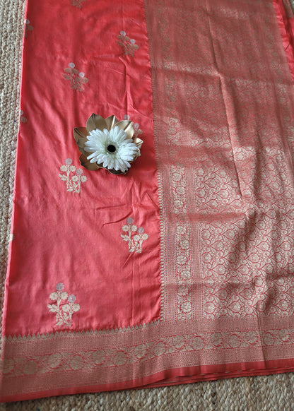 Dark Peach Colour Raw Mango Silk Saree- Banaras