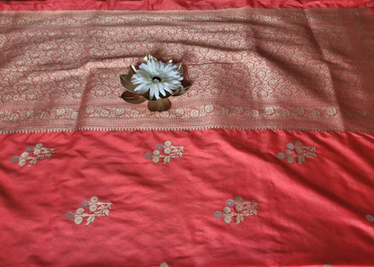 Dark Peach Colour Raw Mango Silk Saree- Banaras