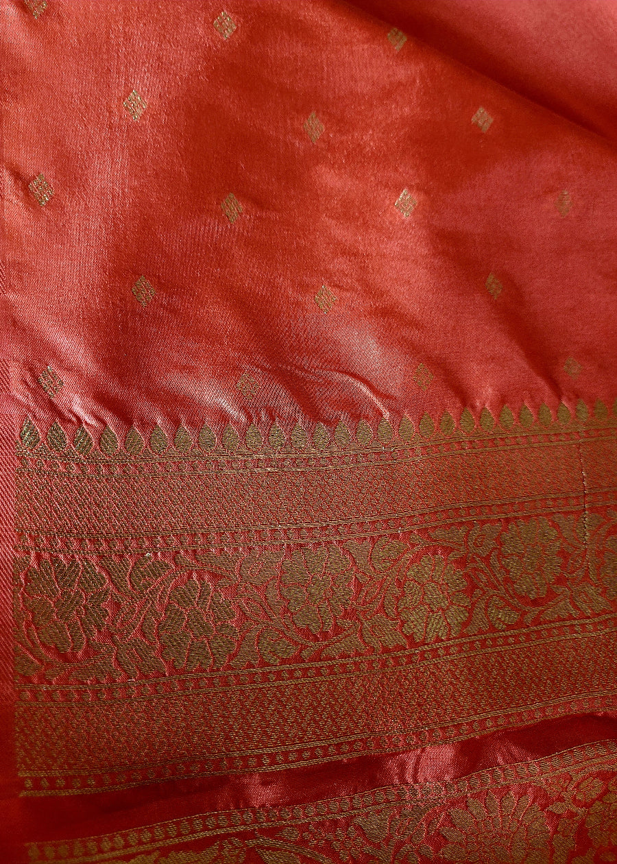 Dark Peach Colour Raw Mango Silk Saree- Banaras