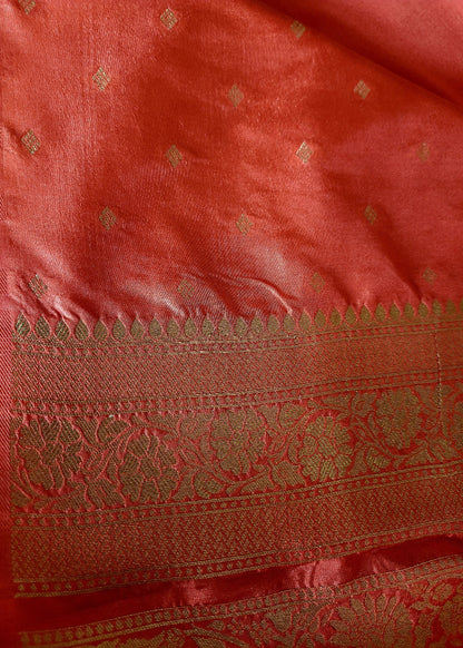 Dark Peach Colour Raw Mango Silk Saree- Banaras