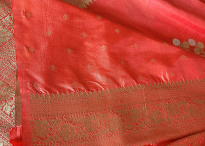 Dark Peach Colour Raw Mango Silk Saree- Banaras