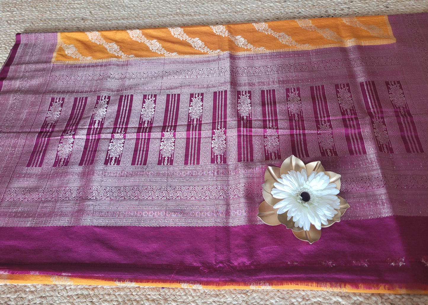 Mustard Yellow And Maroon Tussar Silk Saree- Banaras