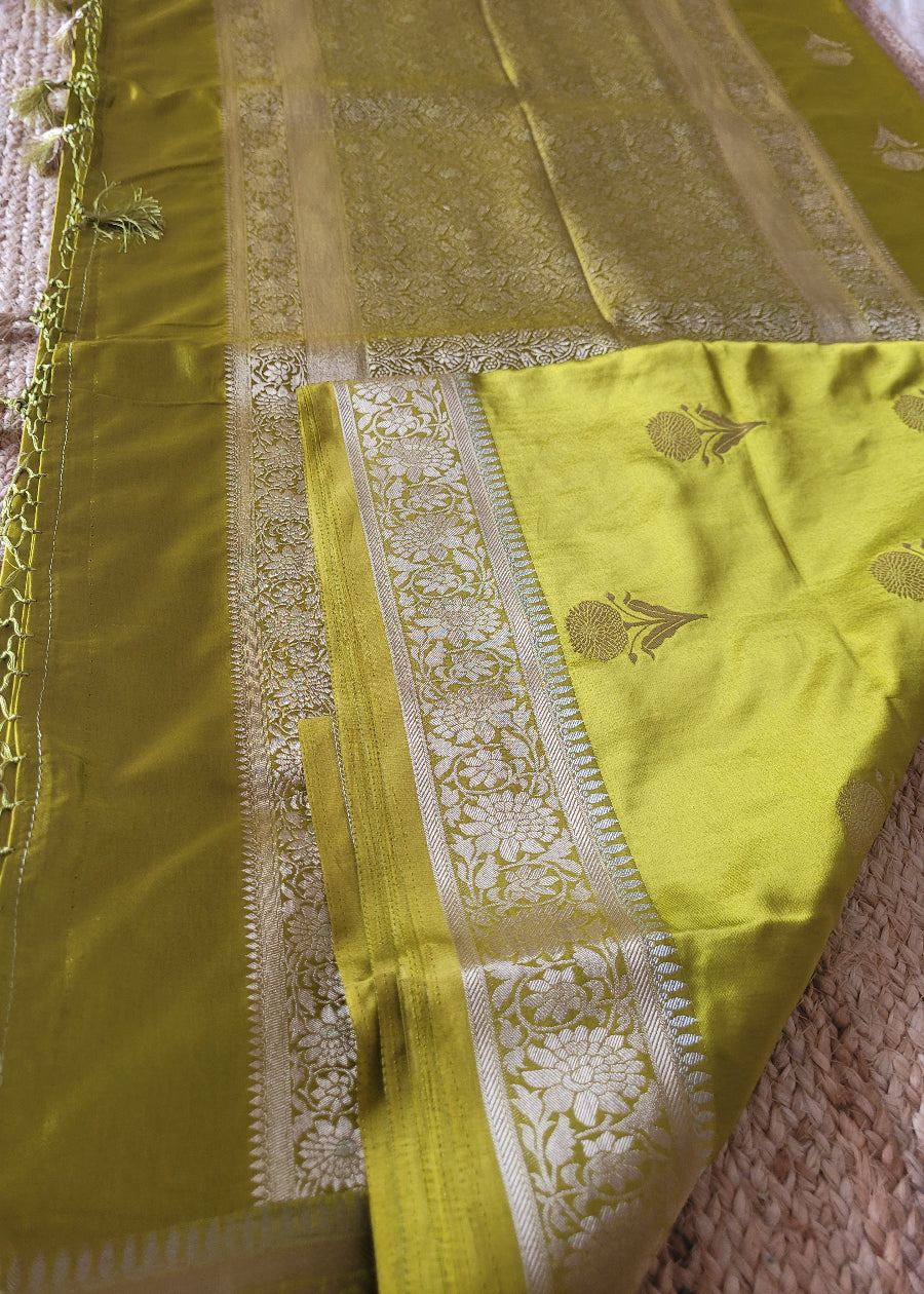 Greenish Yellow Mushru Silk Saree- Banaras