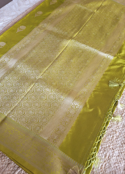Greenish Yellow Mushru Silk Saree- Banaras