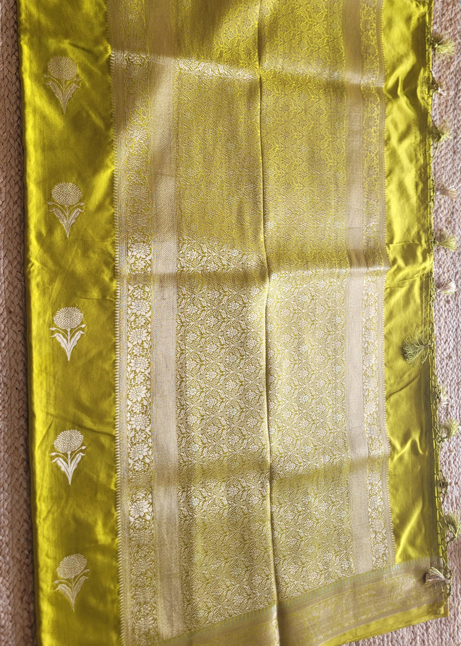 Greenish Yellow Mushru Silk Saree- Banaras