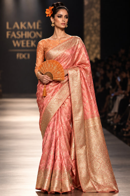 Peach Colour Mushru Silk Saree- Banaras