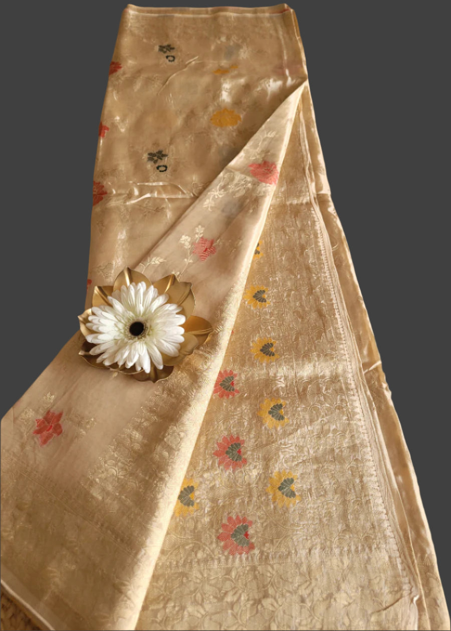 Ivory Colour Mushru Silk Saree- Banaras